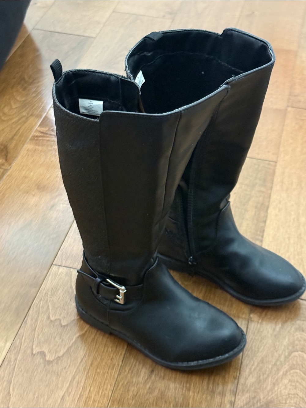 Kids Black Tall Riding Boots with Side Buckle Accent -Size 8